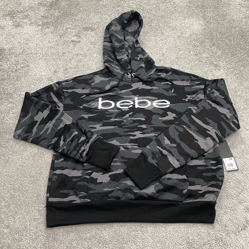 Bebe Sport Camo Hoodie Sweatshirt Womens 1X Black Gray Camouflage Pullover NWT